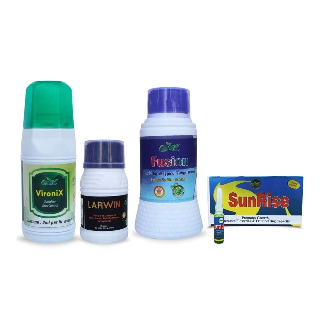 GBL YMV (Yellow Mosaic Virus) Special Kit, Combo Pack, 4 In 1 Crop Protection (Vironix 250ml, Larwin 50ml, Fusion 250ml, Sunrise 20ml) - Image 1