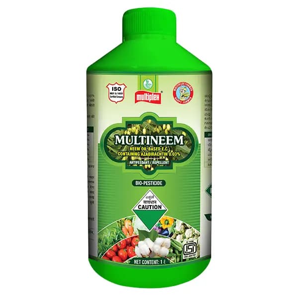 Multiplex Multineem (Neem Oil Based E.C) Azadirachtin 0.03% Bio Insecticide, Effectively Controls Leaf-Eating Caterpillars as Well as Sucking Pests.