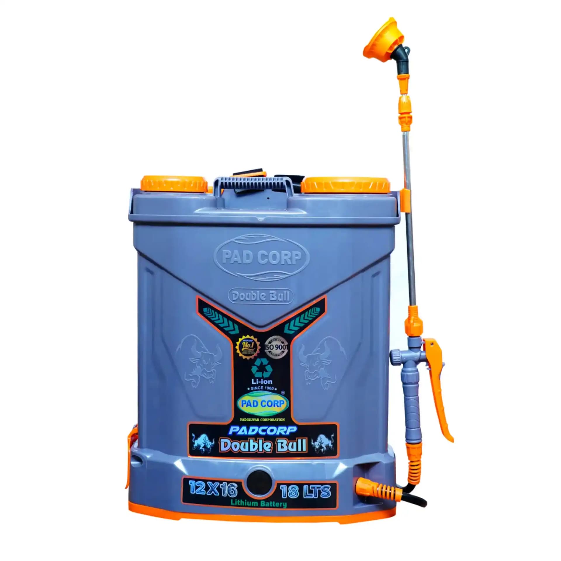 पैड कॉर्प लिथियम-आयन डबल मोटर स्प्रेयर, 12 वोल्ट X 14 Amp बैटरी, 18 लीटर टैंक, 1.7 Ah फास्ट चार्जिंग, और मुफ्त 9 वॉट LED बल्ब के साथ। - Image 1