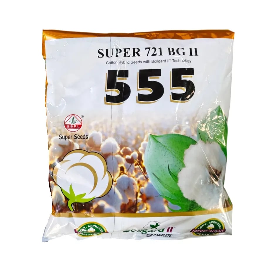 सुपर 721 बीजी-2 555 हाइब्रिड कपास बीज, बॉलगार्ड 2 तकनीक, सिंचित और बारानी परिस्थितियों के लिए उपयुक्त (475 ग्राम)