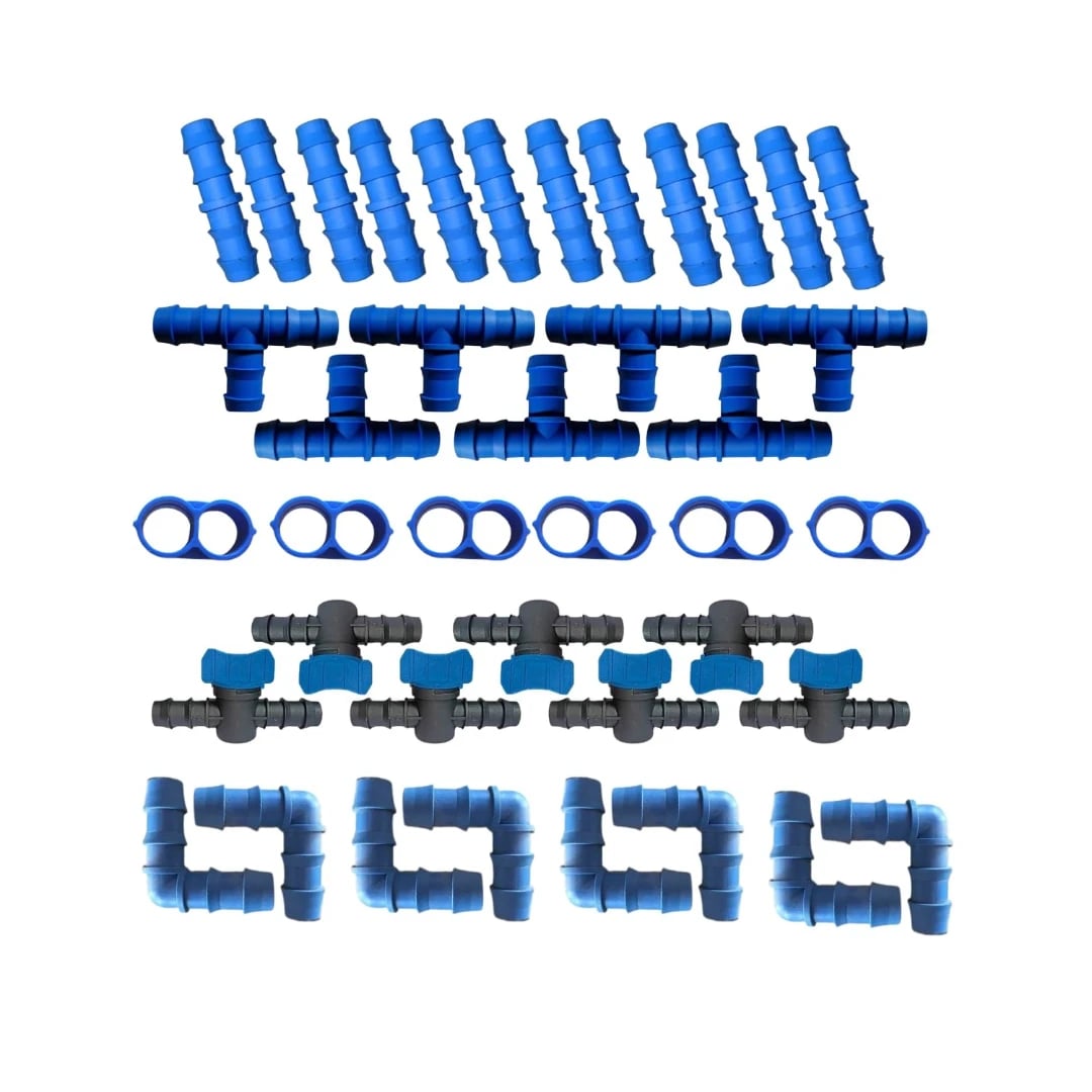 Radhe Agri Drip Irrigation Accessories Set 16mm, ABS Plastic, Multicolour, Elbow, Straight Connector, End Cap, Tee, Drip Cock (Each 25 Pcs)