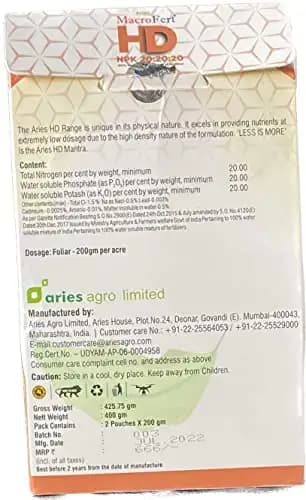 Aries Macrofert HD NPK 20:20:20 Highly Efficient at Lower Dosages, Multi-Purpose Fertilizer Can be Used In All Crops, Vegetables, Kitchen Gardens, etc