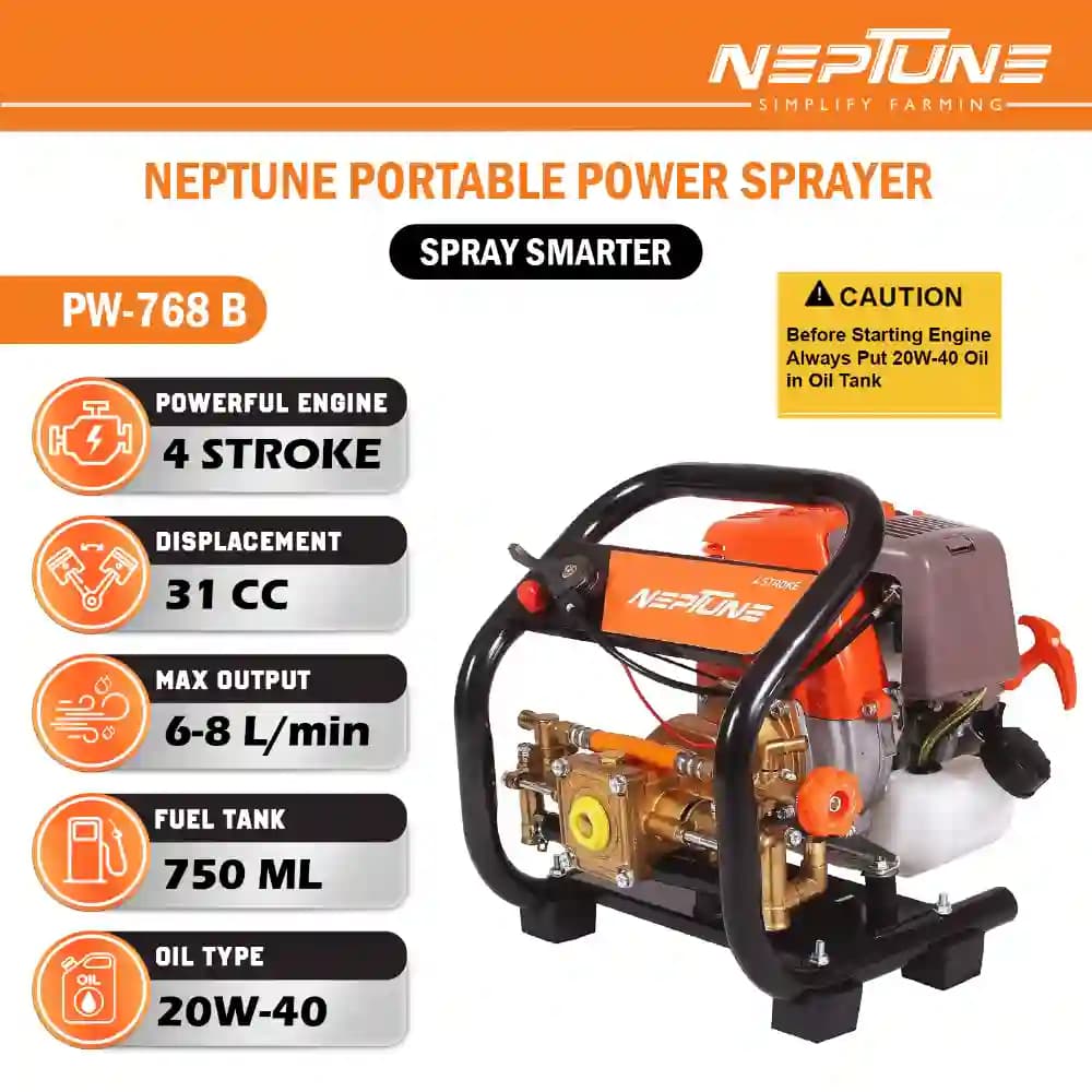 Neptune PW-768B 4-Stroke Portable Power Sprayer, 31CC Petrol Engine, 15 Meter Hose, High Pressure Up To 35 Feet Spray, Ideal For Farming & Garden - Image 3