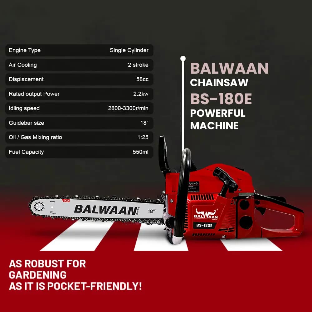 Balwaan BS-180E ECO Chainsaw, 58cc Engine, 2 Stroke Petrol Operated, 6 Months Warranty - Image 6