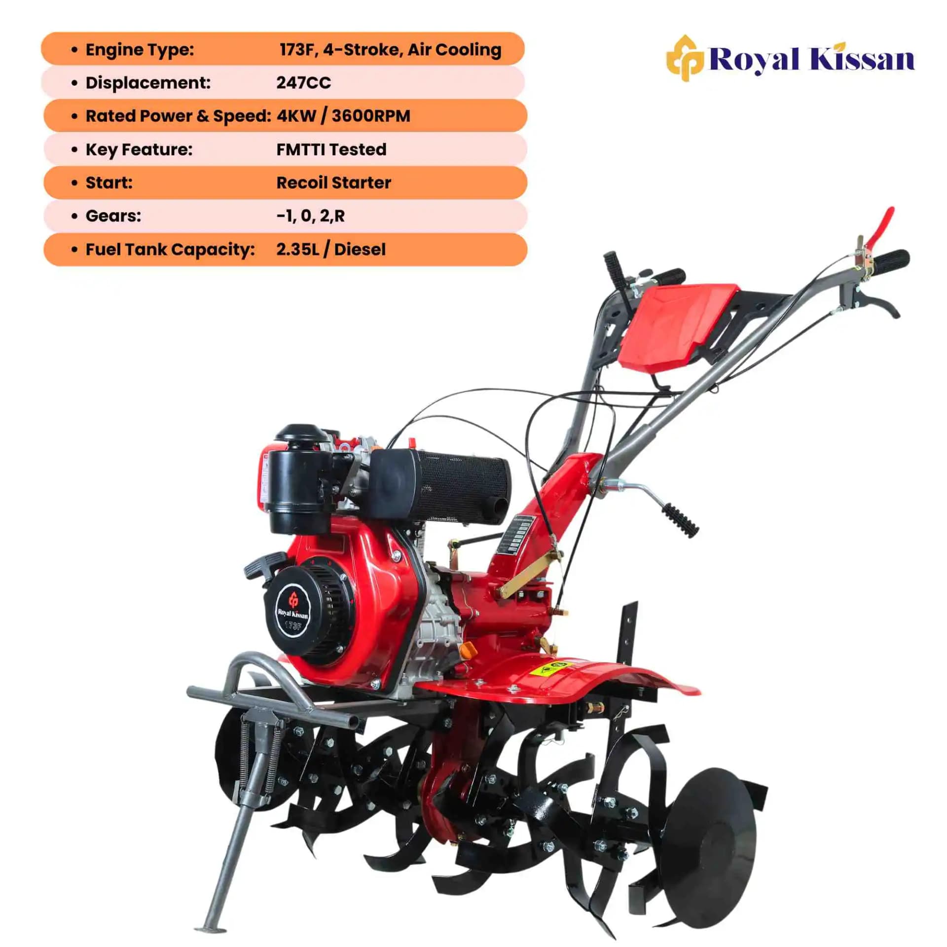 Royal Kissan RK-173F Diesel Power Weeder FMTTI Tested - 247CC, 173F Engine, 4-Stroke - Image 4