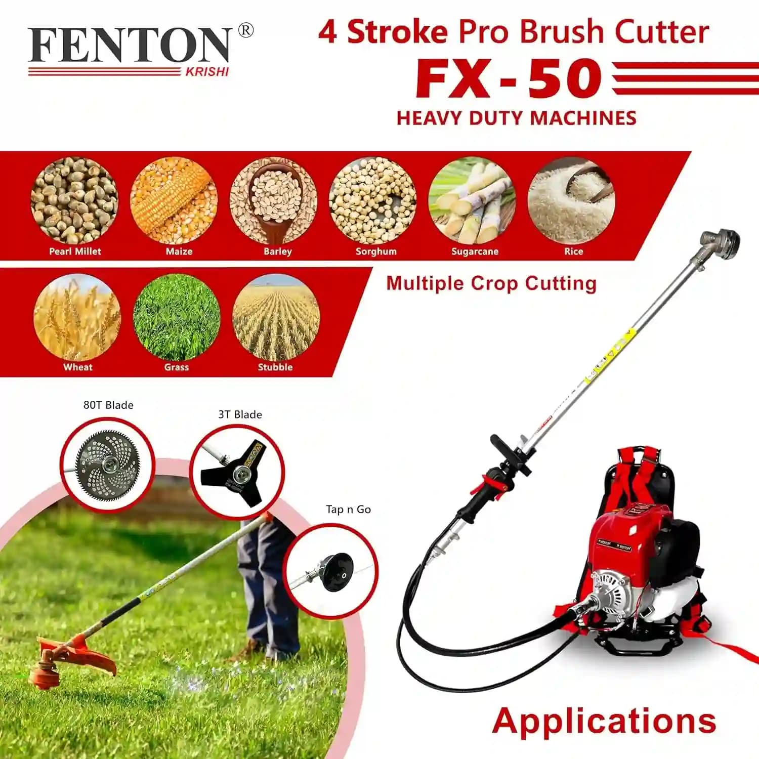 Fenton Krishi FTK-BP-50P 3IT Backpack Brush Cutter With 80T, 3T, Tap n Go Trimmer, 50CC Pro BP 4 Stroke - Image 3