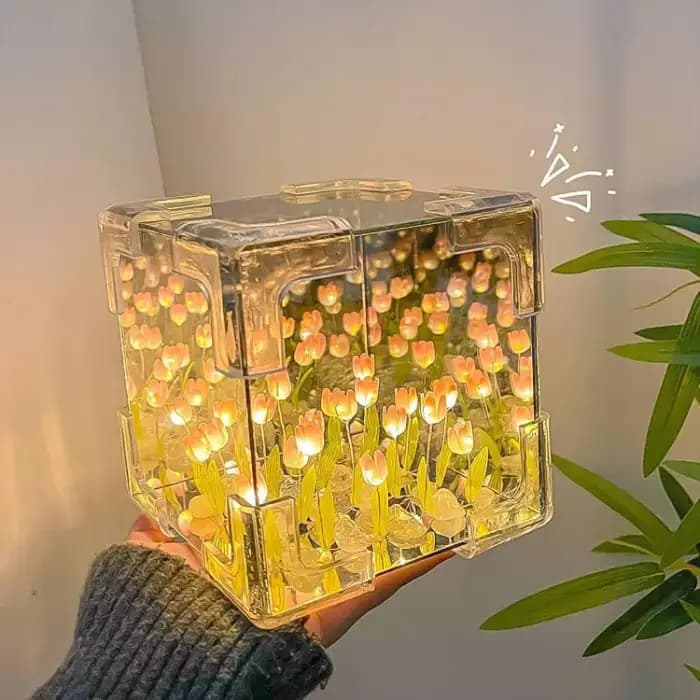 Cube Tulip Night Lamp, LED Decorative Mirror Flower Table Light For Bedroom - Image 6