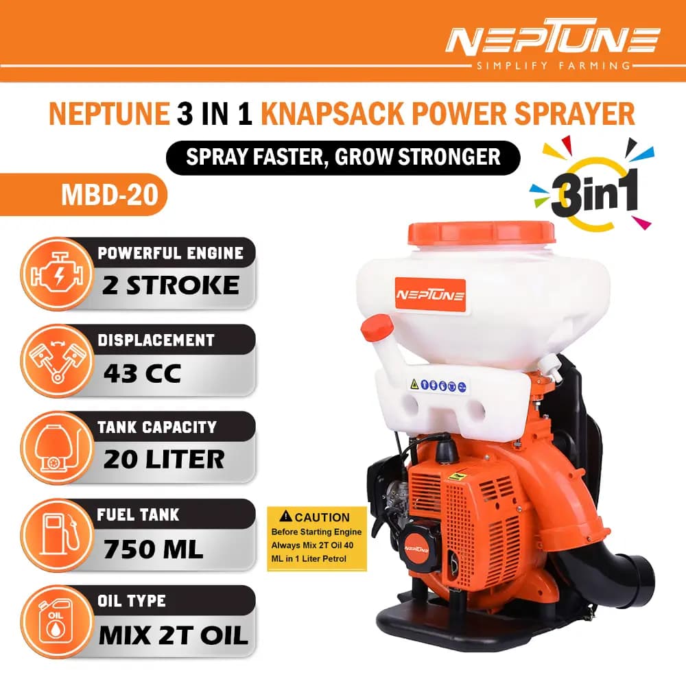 Neptune MBD-20 2 in 1 Knapsack Mist Blower, Powder Duster And Sprayer, 2-Stroke 43CC Petrol Engine, 20L Tank Capacity, Ideal for Farming & Garden - Image 4