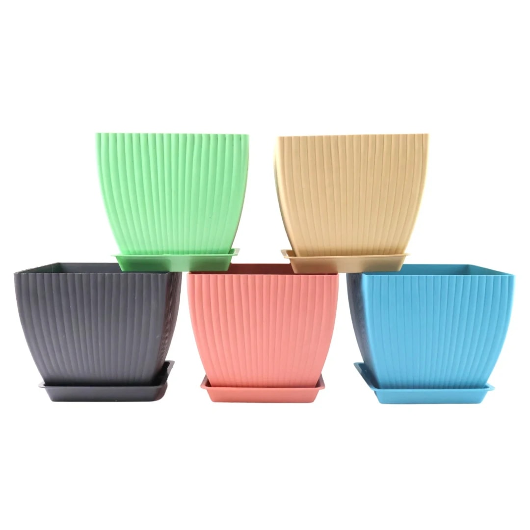 Trendy Flower Pots, Square Plastic with Matching Trays, Planters for Indoor & Outdoor Gardening, Multi-Colour (Set of 5)