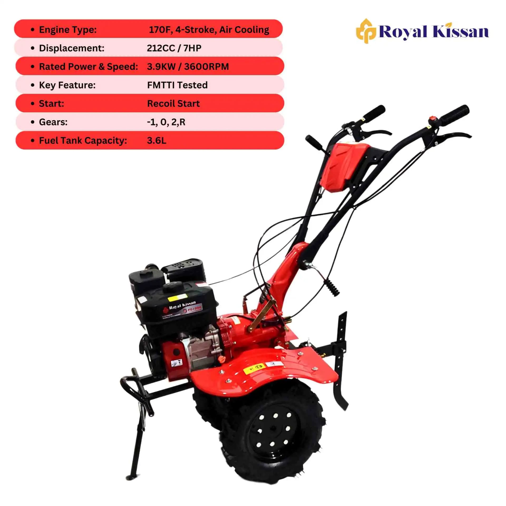 Royal Kissan Petrol Power Tiller, 4-Stroke 212CC 170F Engine, High-Speed And Durable Tyres FMTTI Tested - Image 2