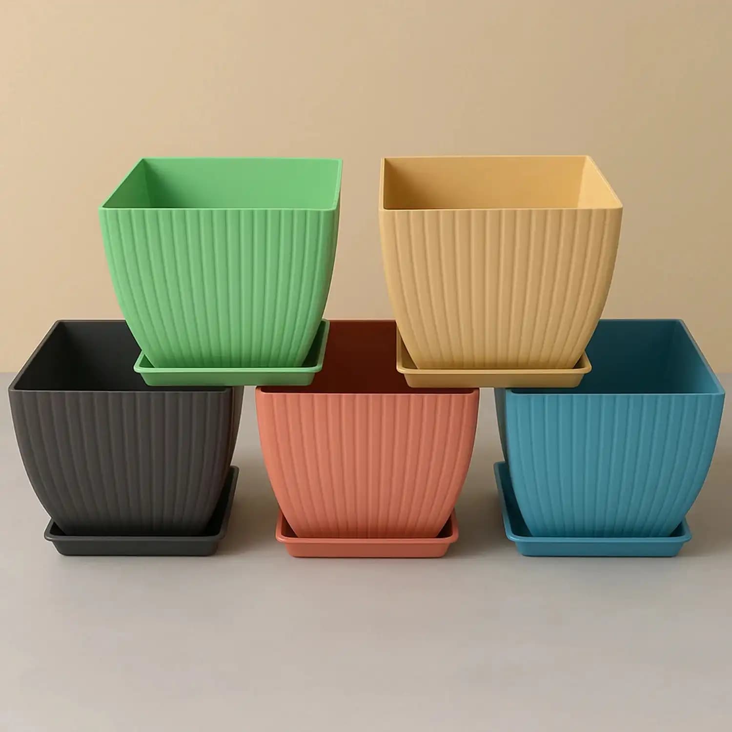 Trendy Flower Pots, Square Plastic with Matching Trays, Planters for Indoor & Outdoor Gardening, Multi-Colour (Set of 5) - Image 7
