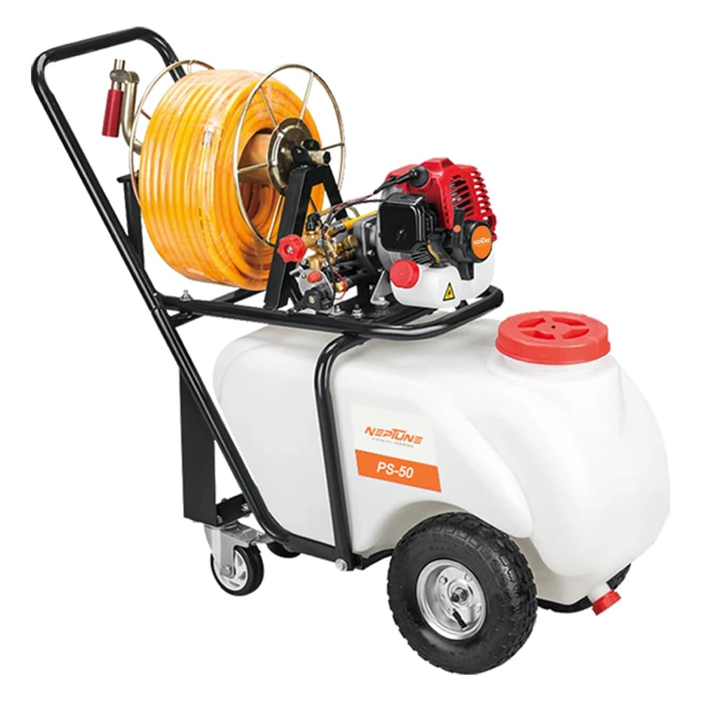 Neptune PS-50 Portable Trolley Power Sprayer, 2-Stroke 26CC Engine, 50L Tank, Spray Gun, 50 Meter Hose with Reel, Ideal for Farming & Garden