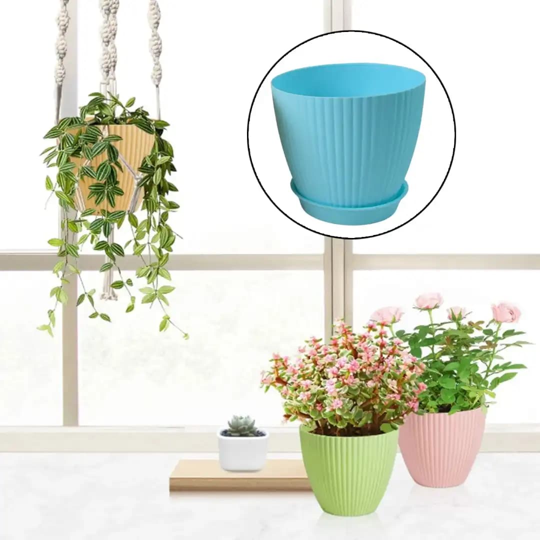 Round Flower Pots, Plastic with Decorative Bottom Tray With Color Box (5 Pcs Set) - Image 4