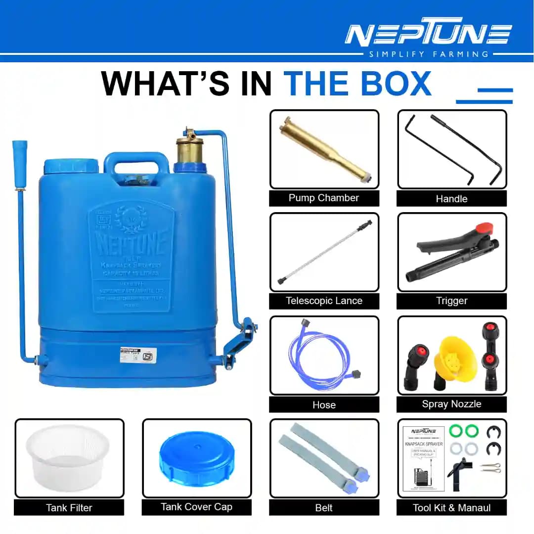 Neptune Hariyali-10 Knapsack Hand Sprayer 16L HDPE Tank, Brass Pressure Chamber, Telescopic Lance, 3 Nozzles Metal Skirting, Ideal for Farming, Garden - Image 5
