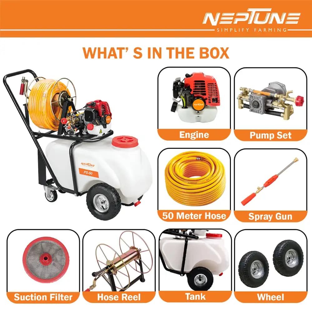 Neptune PS-50 Portable Trolley Power Sprayer, 2-Stroke 26CC Engine, 50L Tank, Spray Gun, 50 Meter Hose with Reel, Ideal for Farming & Garden - Image 7