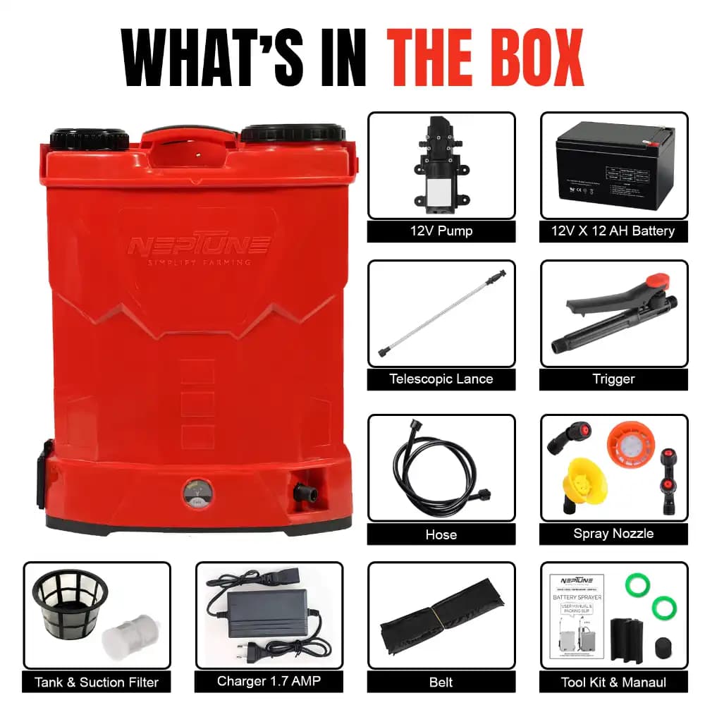 Neptune Model-13 Knapsack Battery Sprayer 12V 12Amp, 20L Tank, Telescopic Lance with 4 Nozzles, Ideal for Farming & Garden Spraying (Color May Vary) - Image 7