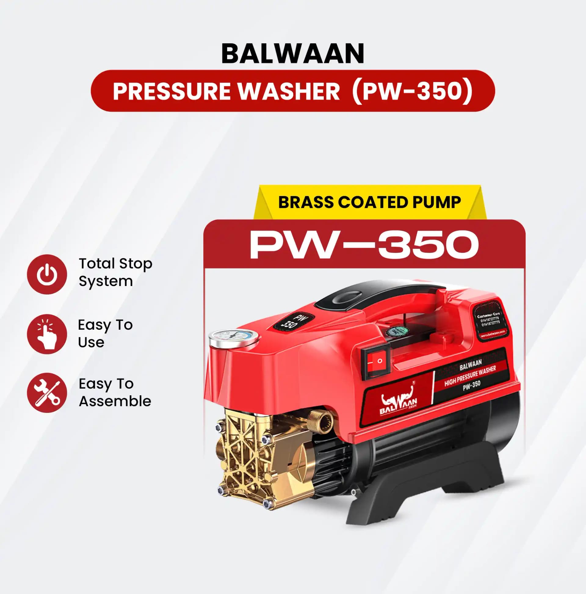 Balwaan PW-350 High Pressure Washer - Brass Coated Pump 1800w Motor - Image 6