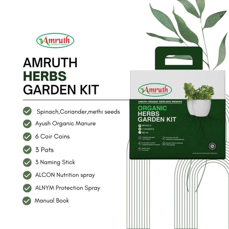 Amruth Organic Herbs Kit, Garden Kit, Grow Your Own Herbs with Seeds, Coir Coin, Organic Manure, Pots, Nutritional and Protection Spray - Image 2