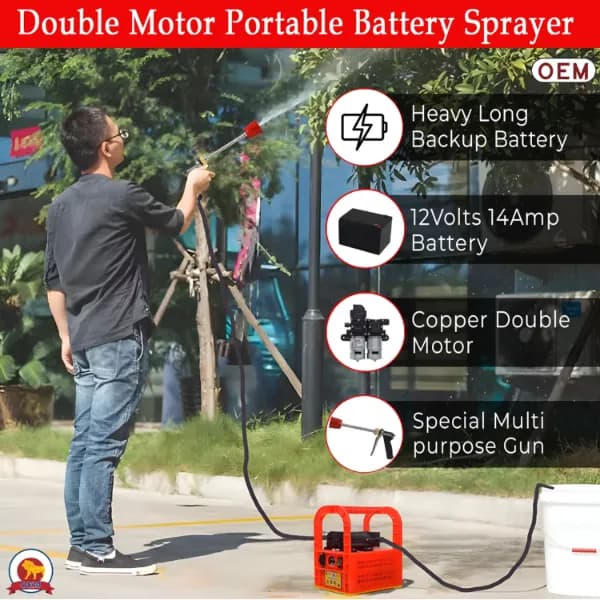 OEM Portable Double Motor Battery Sprayer 12V x 14A Battery, Special Gun & 10 Mtr Pressure Pipe, Ideal For Gardening, Pesticide Application (TP01) - Image 3