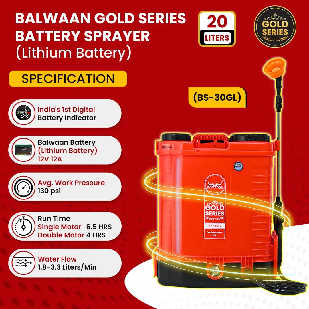 Balwaan BS-30GL Gold Series Double Motor Battery Sprayer, India\'s First Digital Battery Indicator, 12 Volt x 12 Amp, 20 L Tank - Image 4