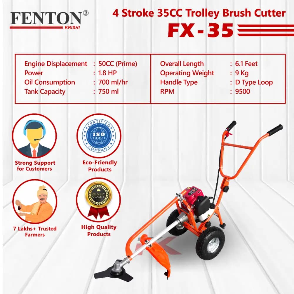 Fenton Krishi FX-35 Trolley Brush Cutter, 35CC, 4 Stroke, 1.8HP Engine, 750ML Fuel Tank, Best For Gardens, Backyards, Small Fields - Image 2