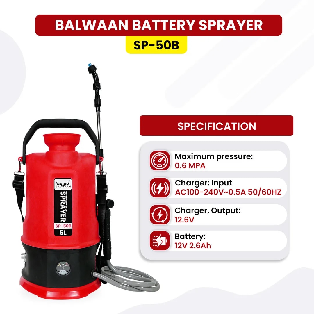 Balwaan SP-50B Li-Ion Garden Battery Sprayer, Battery Operated High-Pressure Sprayer, 5 L Tank Capacity, Use for Gardening, Agriculture and Lawn Care