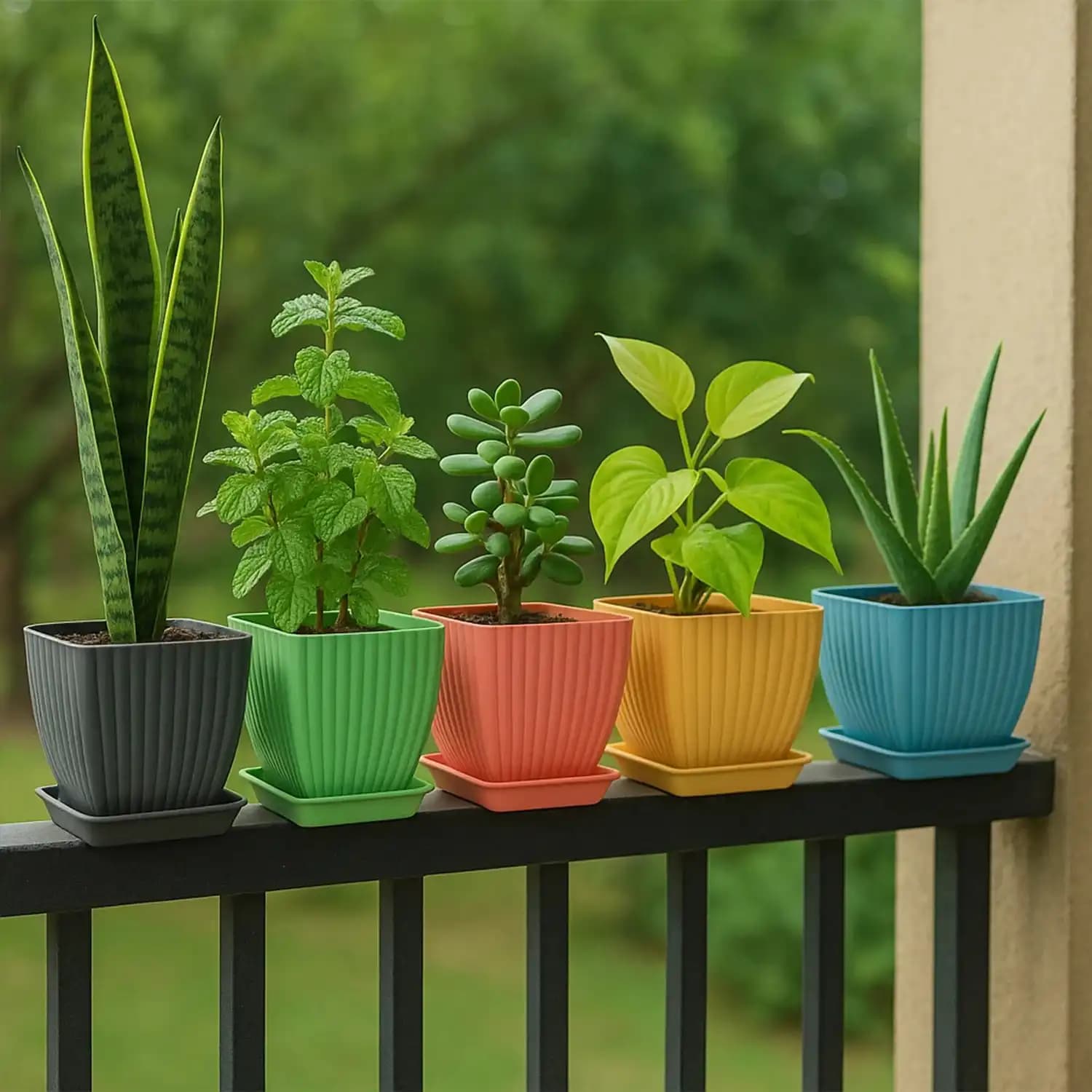 Trendy Flower Pots, Square Plastic with Matching Trays, Planters for Indoor & Outdoor Gardening, Multi-Colour (Set of 5) - Image 3