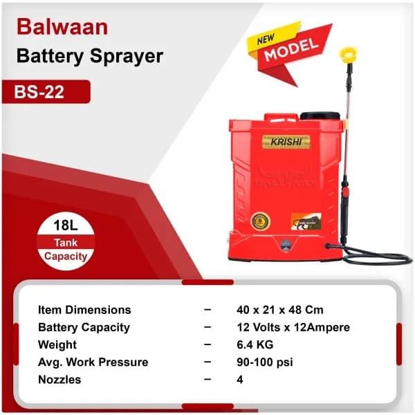 Balwaan BS-22 Single Motor Battery Operated Sprayer, 12 Volt X 12 Amp, Heavy Duty Material, 18 L Tank Capacity - Image 5