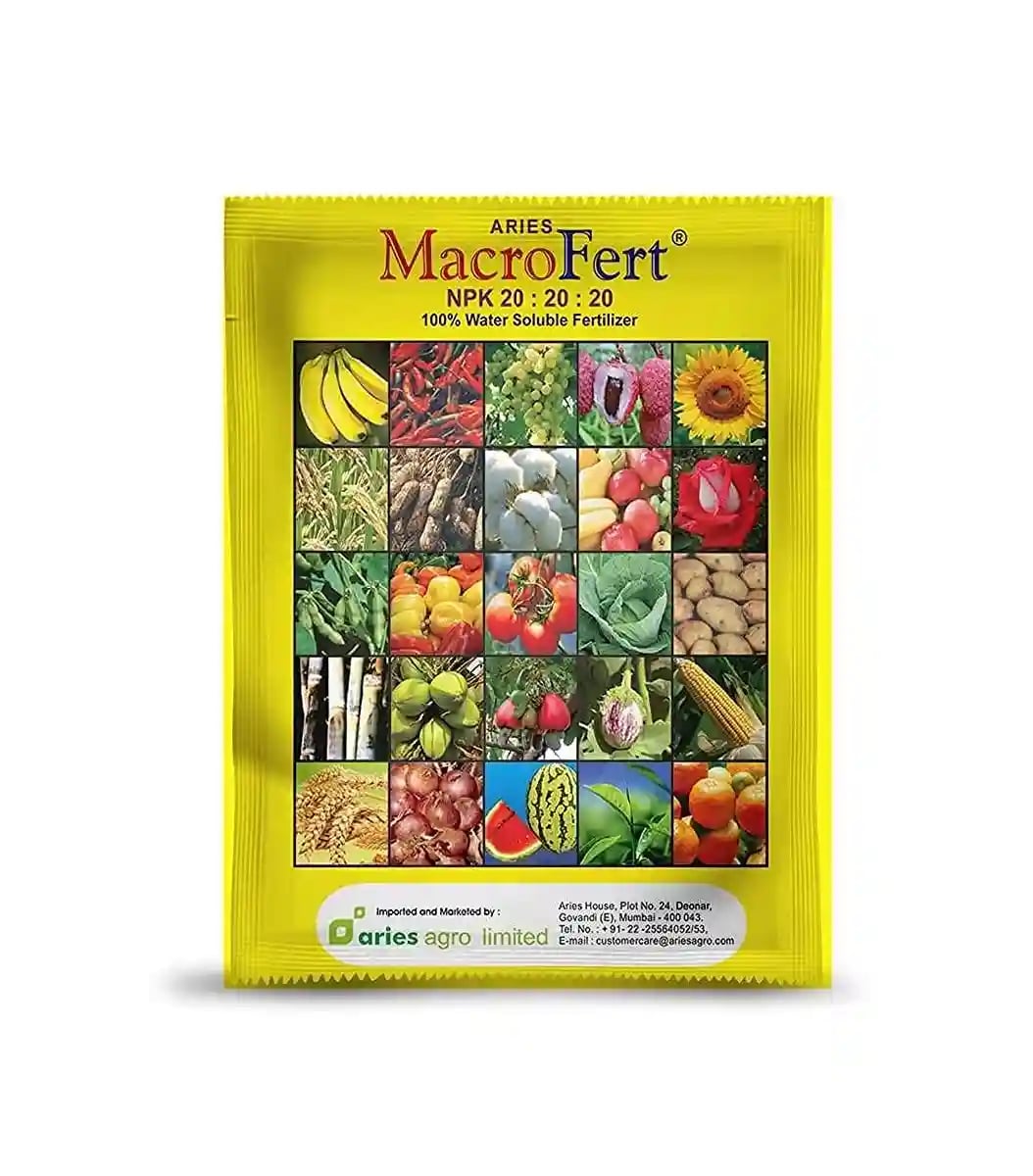 एरीज मैक्रोफर्ट एनपीके 20:20:20 पत्तियों पर छिड़काव, संतुलित वृद्धि के लिए पूरी तरह से पानी में घुलनशील उर्वरक, बग़ीचे और बाहरी पौधों के लिए आदर्श।