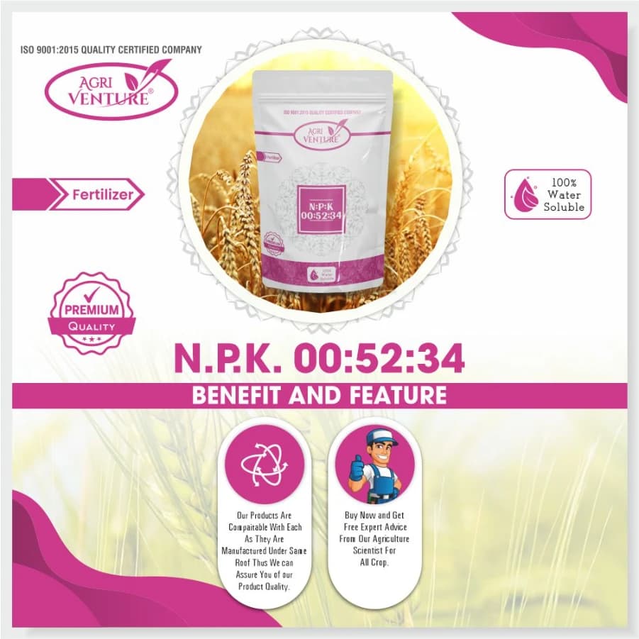 Agriventure NPK 00:52:34 Imported 100% Water Soluble Fertilizer, Excellent Source of NPK Fertilizers, Drip as Well as for Foliar Spray Used - Image 2