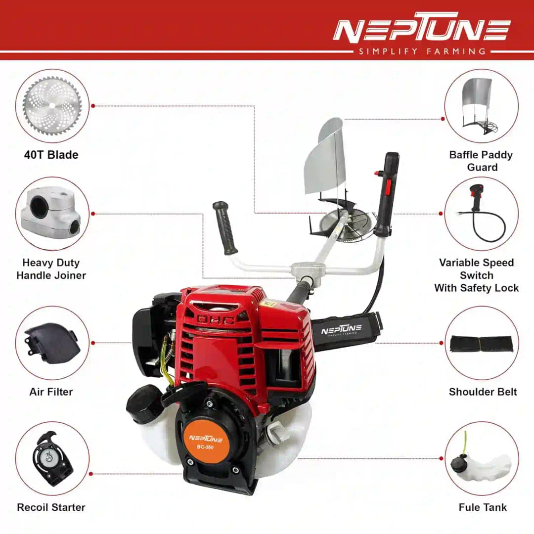Neptune BC-360 Side Pack Brush Cutter, 35CC Advanced Technology 4 Stroke Petrol Engine, Heavy Duty Crop Cutter Machine - Image 7