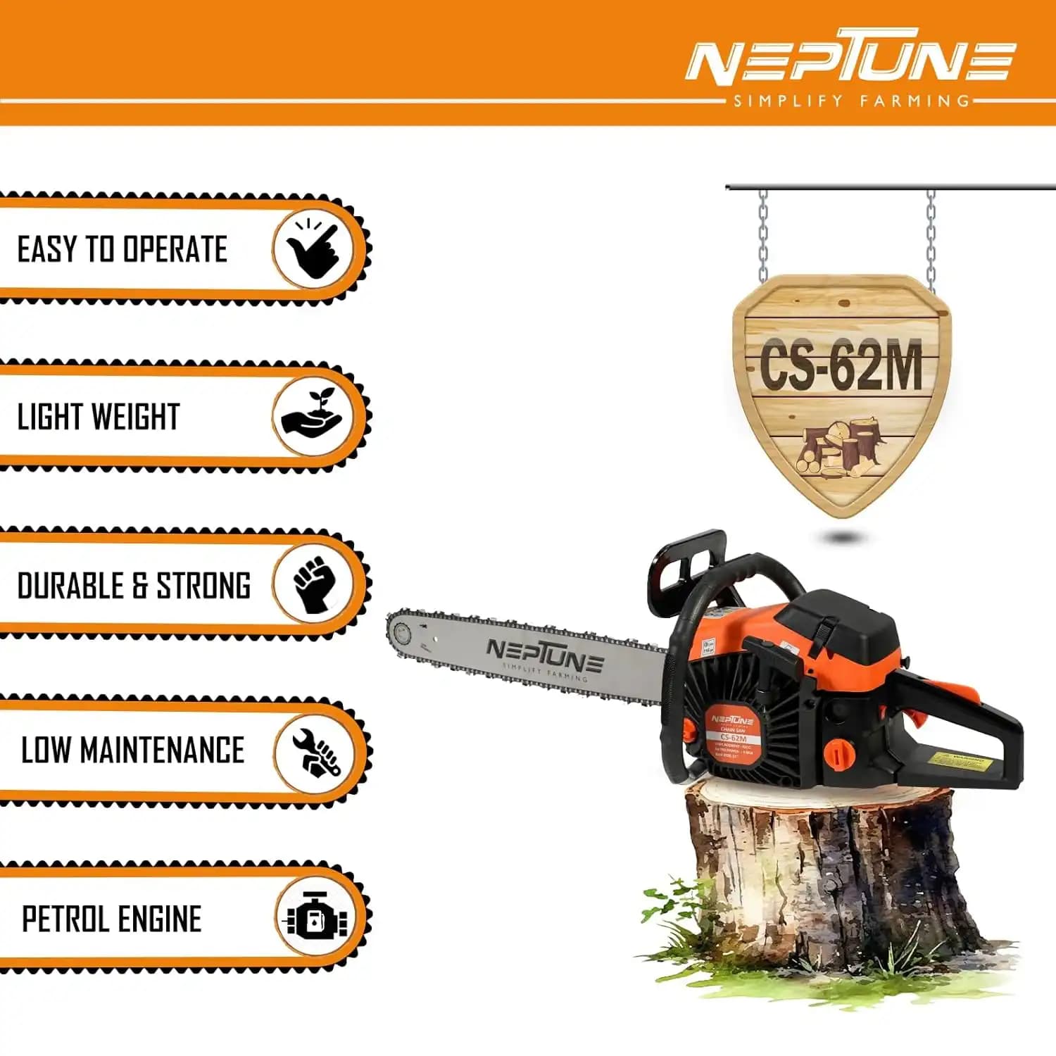 Neptune CS-62 Chain Saw 62CC Powerful 2 Stroke Petrol, Woodcutting Saw, 22 Inch Blade, Professional Cutter For Trees, Garden And Agriculture - Image 6