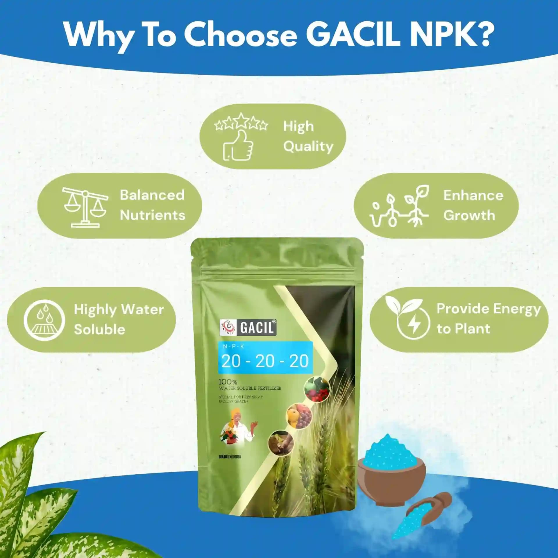 GACIL NPK 20:20:20 Water Soluble Fertilizer Balanced Plant Growth Booster For Vegetables, Fruits, Flowers & Field Crops - Image 2