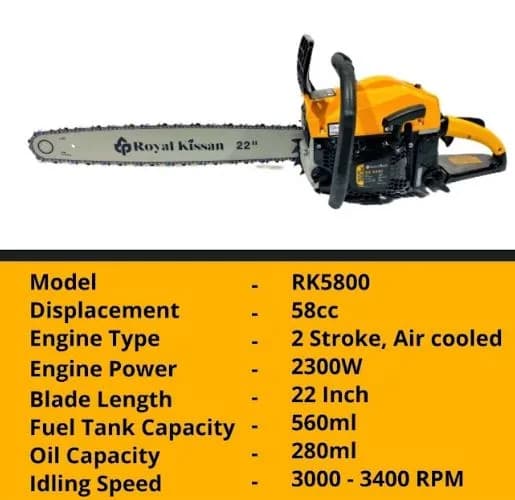 Royal Kissan RK5800 Ultra Premium 22 Inch Chain Saw with Powerful Petrol Engine, 2-Stroke 58CC Suitable for Woodcutting Saw for Farm, Garden and Ranch - Image 1