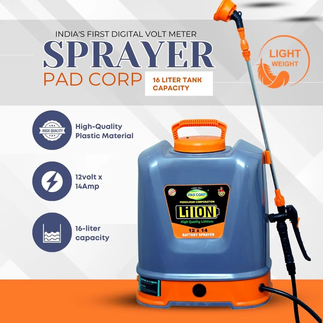 Pad Corp Li-Ion Lithium Battery Sprayer 12 Volt x 14 Amp, 1 Year Battery Warranty, Light Weight, 4.5 LPM Copper Motor, 16 Ltr Tank, Digital Volt Meter - Image 2