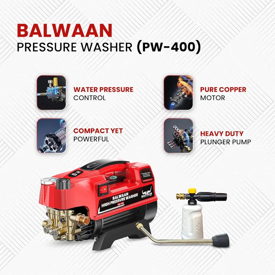 Balwaan PW-400 Pressure Washer - 1800W Motor, 7.5 L-Min Flow, Adjustable Brass Pump