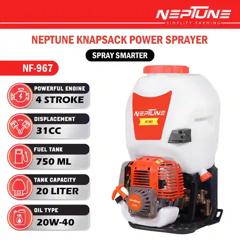 Neptune Model-967 Knapsack Power Sprayer, 4-Stroke 31CC Petrol Engine, 20L Tank, 2 Types Spray Guns Included, Ideal for Farming, Agriculture & Garden - Image 5