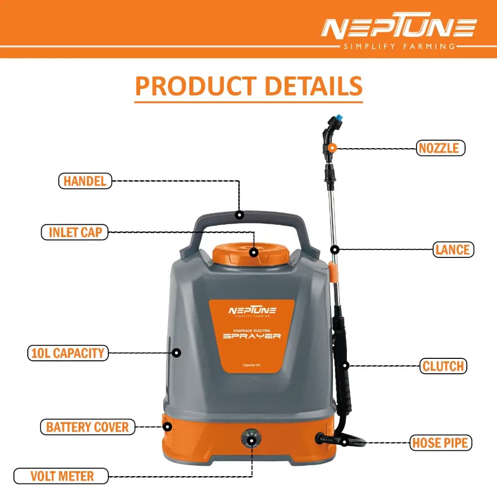 Neptune Max-10 12V Lithium-Ion Battery Powered Garden Sprayer With 10 LTR Tank Capacity, Waist Supporting Guard, 2 Spray Nozzles For Farming & Garden - Image 7