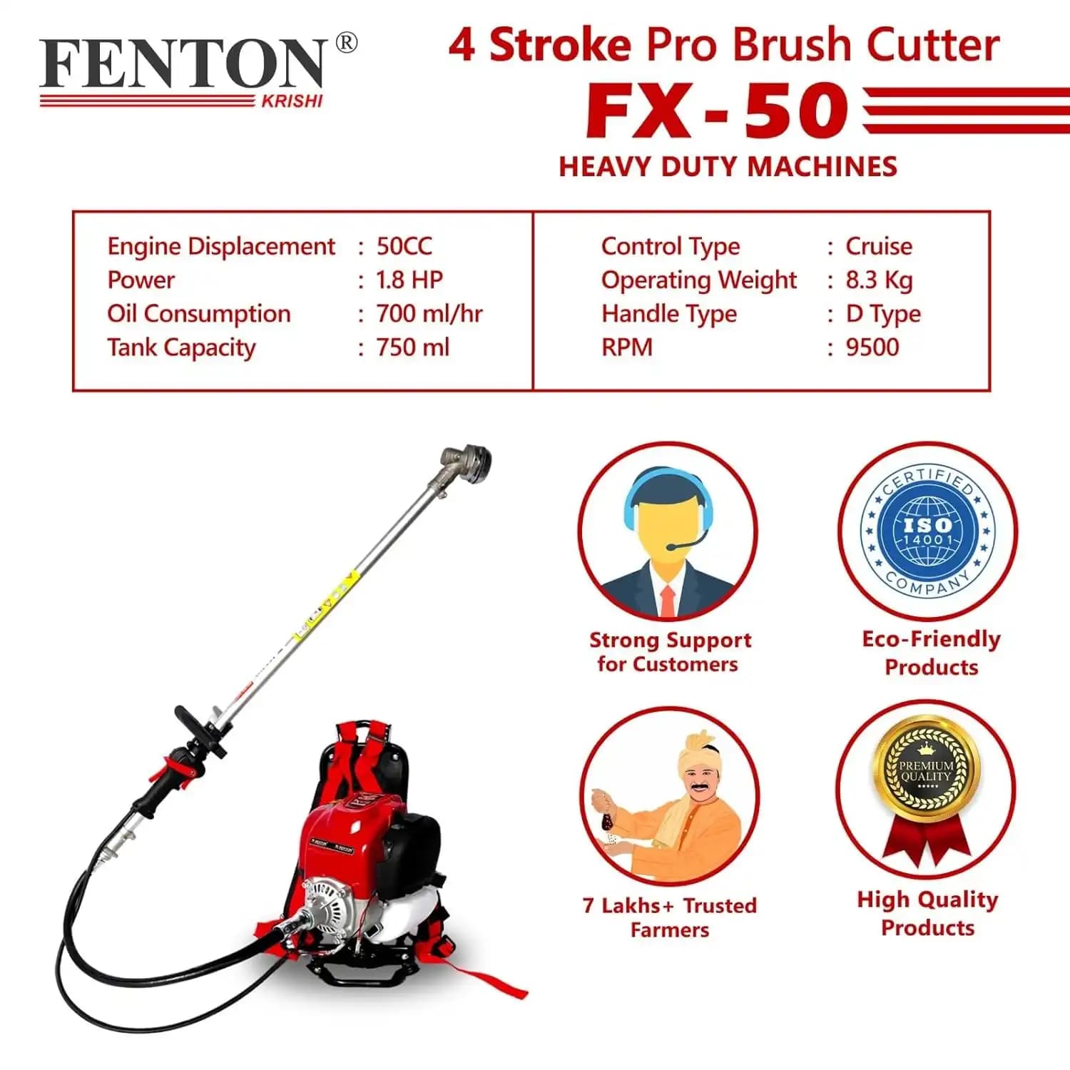 Fenton Krishi FTK-BP-50P 3IT Backpack Brush Cutter With 80T, 3T, Tap n Go Trimmer, 50CC Pro BP 4 Stroke - Image 6