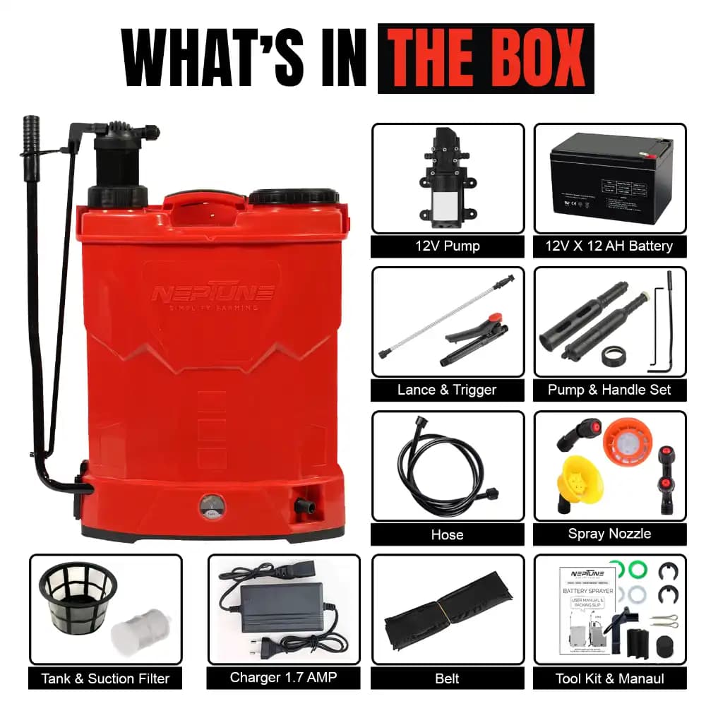 Neptune Model-25 Battery & Manual 2 in 1 Knapsack Sprayer 12V x 12Amp, 20L Tank, Telescopic Lance with 4 Nozzles for Farming & Garden (Color May Vary) - Image 7