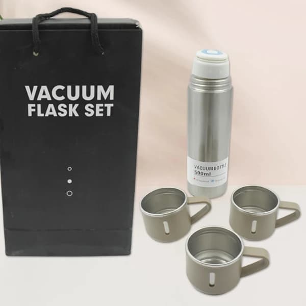 Stainless Steel Vacuum Flask Set with 3 Steel Cups Travel Friendly - 500ml - Image 2