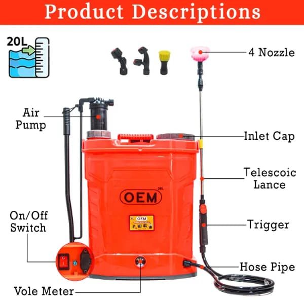 OEM 2 In 1 Battery and Manual Operated 12Vx12A (20L Capacity) Knapsack Sprayer With Free Gun, Heavy Battery, Heavy Copper Motor For High Pressure - Image 3