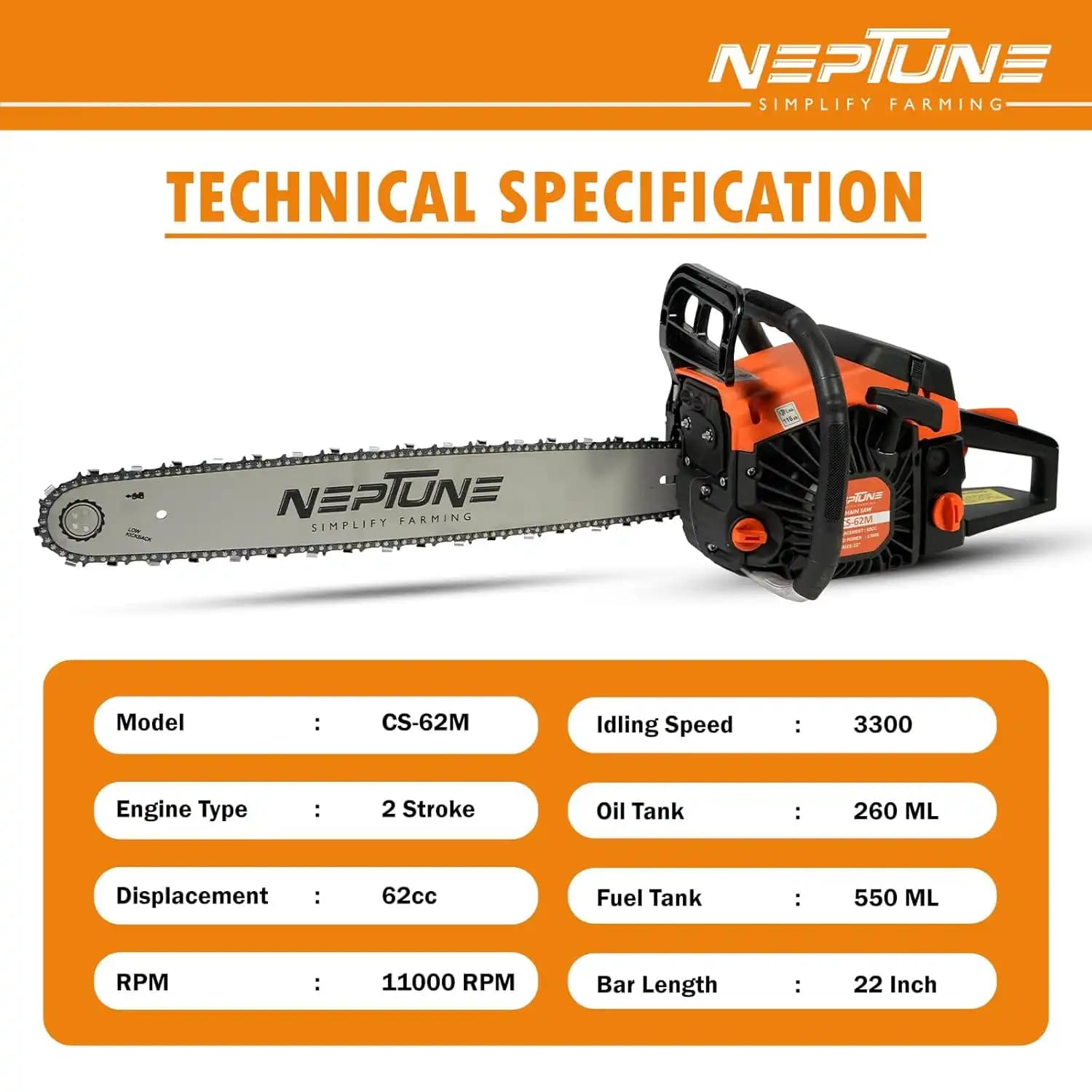 Neptune CS-62 Chain Saw 62CC Powerful 2 Stroke Petrol, Woodcutting Saw, 22 Inch Blade, Professional Cutter For Trees, Garden And Agriculture - Image 7