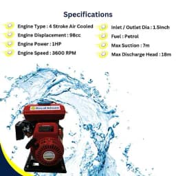 Royal Kissan Premium Quality Portable Water Pump 1.5 Inch, RK-WP-P1.5 With 98CC 4-Stroke Petrol Engine 7