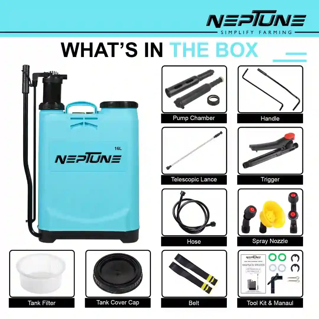 Neptune NF-02 Manual Knapsack Sprayer, Hand-Operated High-Pressure Pump, 16L Tank, Telescopic Lance with 3 Nozzles, Ideal for Farming, Gardening - Image 8