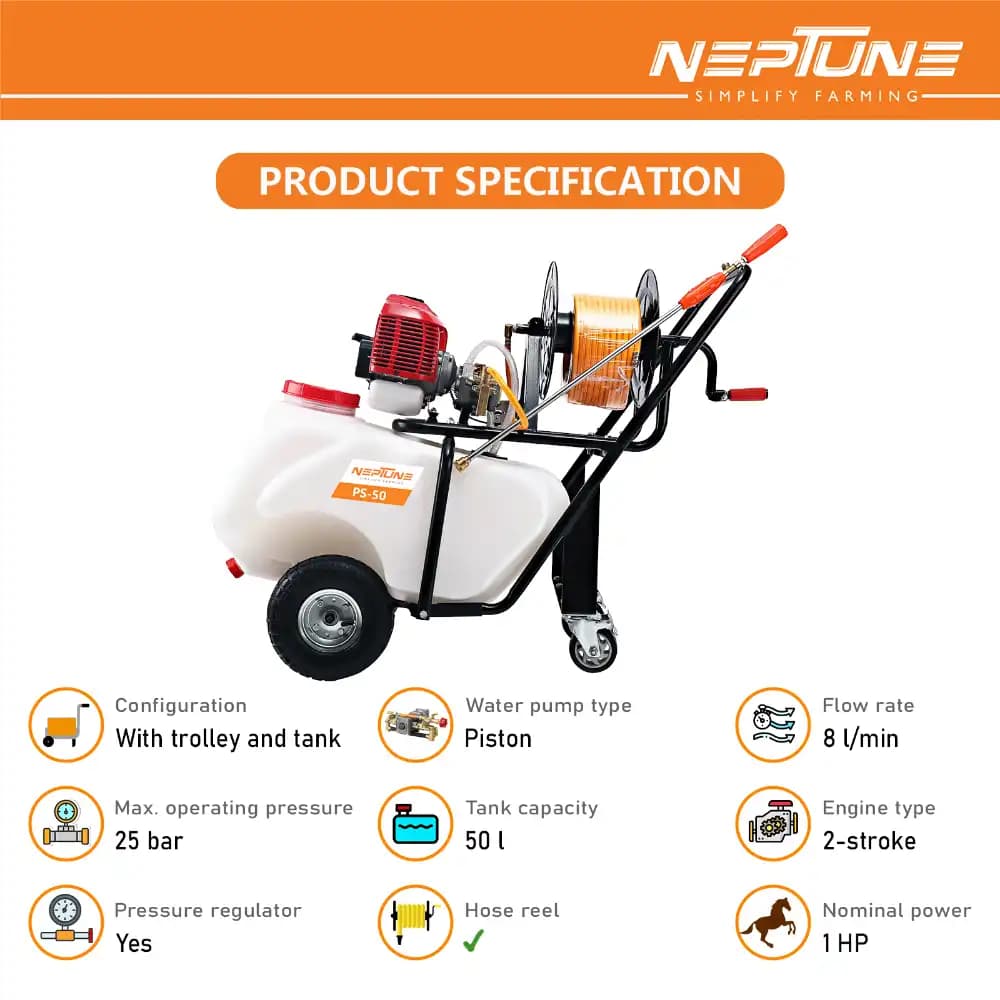 Neptune PS-50 Portable Trolley Power Sprayer, 2-Stroke 26CC Engine, 50L Tank, Spray Gun, 50 Meter Hose with Reel, Ideal for Farming & Garden - Image 8
