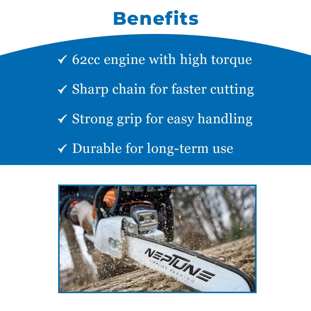 Neptune CS-62 Chain Saw 62CC Powerful 2 Stroke Petrol, Woodcutting Saw, 22 Inch Blade, Professional Cutter For Trees, Garden And Agriculture - Image 3