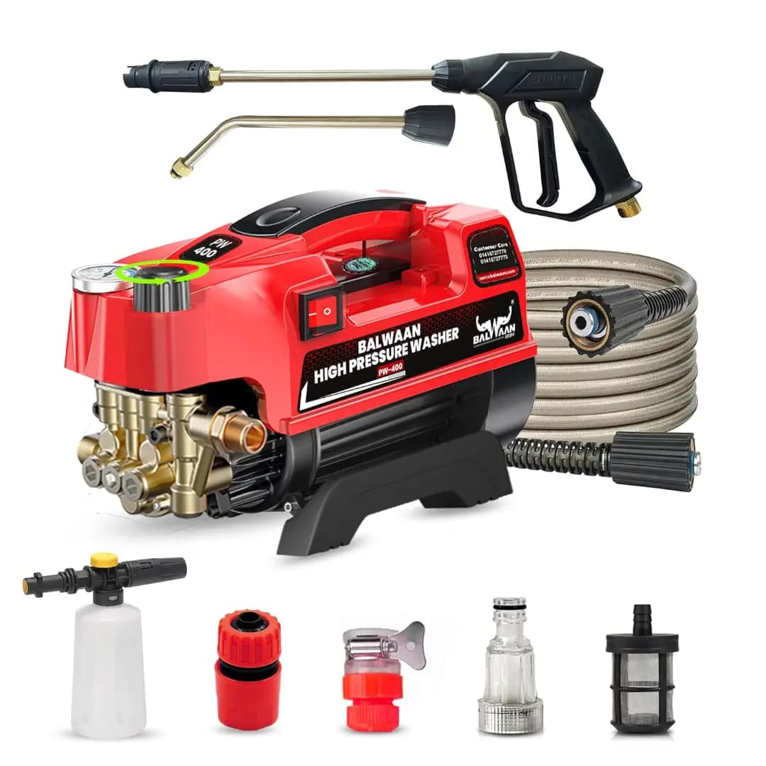 Balwaan PW-400 Pressure Washer, 1800W Motor, Adjustable Brass Pump, 7.5 L-Min Flow, Straight & Bend Lance For Car Wash And Cleaning