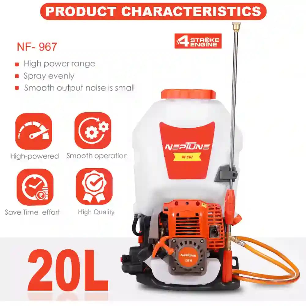 Neptune Model-967 Knapsack Power Sprayer, 4-Stroke 31CC Petrol Engine, 20L Tank, 2 Types Spray Guns Included, Ideal for Farming, Agriculture & Garden - Image 3