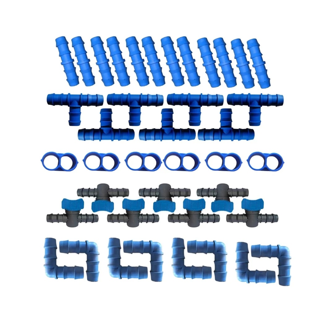 Radhe Agri Drip Irrigation Accessories Set 16mm, ABS Plastic, Multicolour, Elbow, Straight Connector, End Cap, Tee, Drip Cock (Each 25 Pcs)